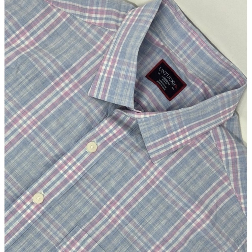 UNTUCKit Mens Medium Lombardy Plaid Button Down Shirt Blue Pink Cotton Slim Fit‎
